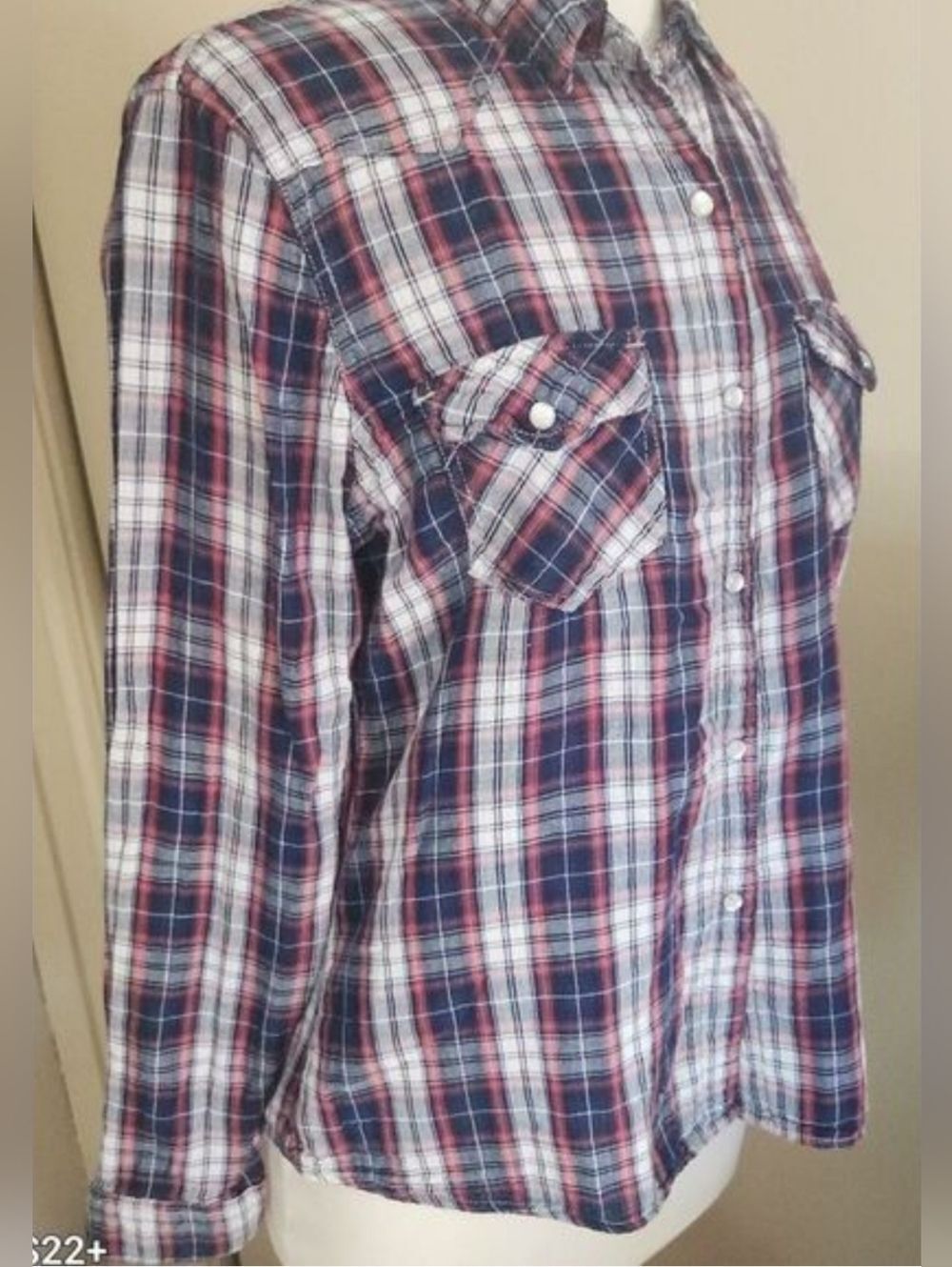 Vanilla Star Navy & Red Plaid Western Snap Up Shirt w Contrast Red Check Lining